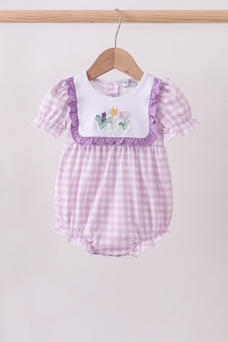 Purple floral embroidery gingham ruffle bubble - Abbies Place