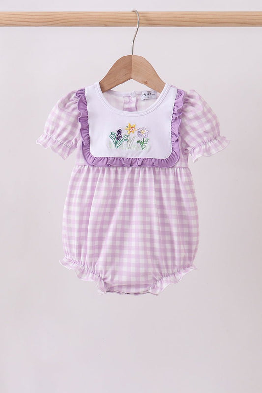 Purple floral embroidery gingham ruffle bubble - Abbies Place