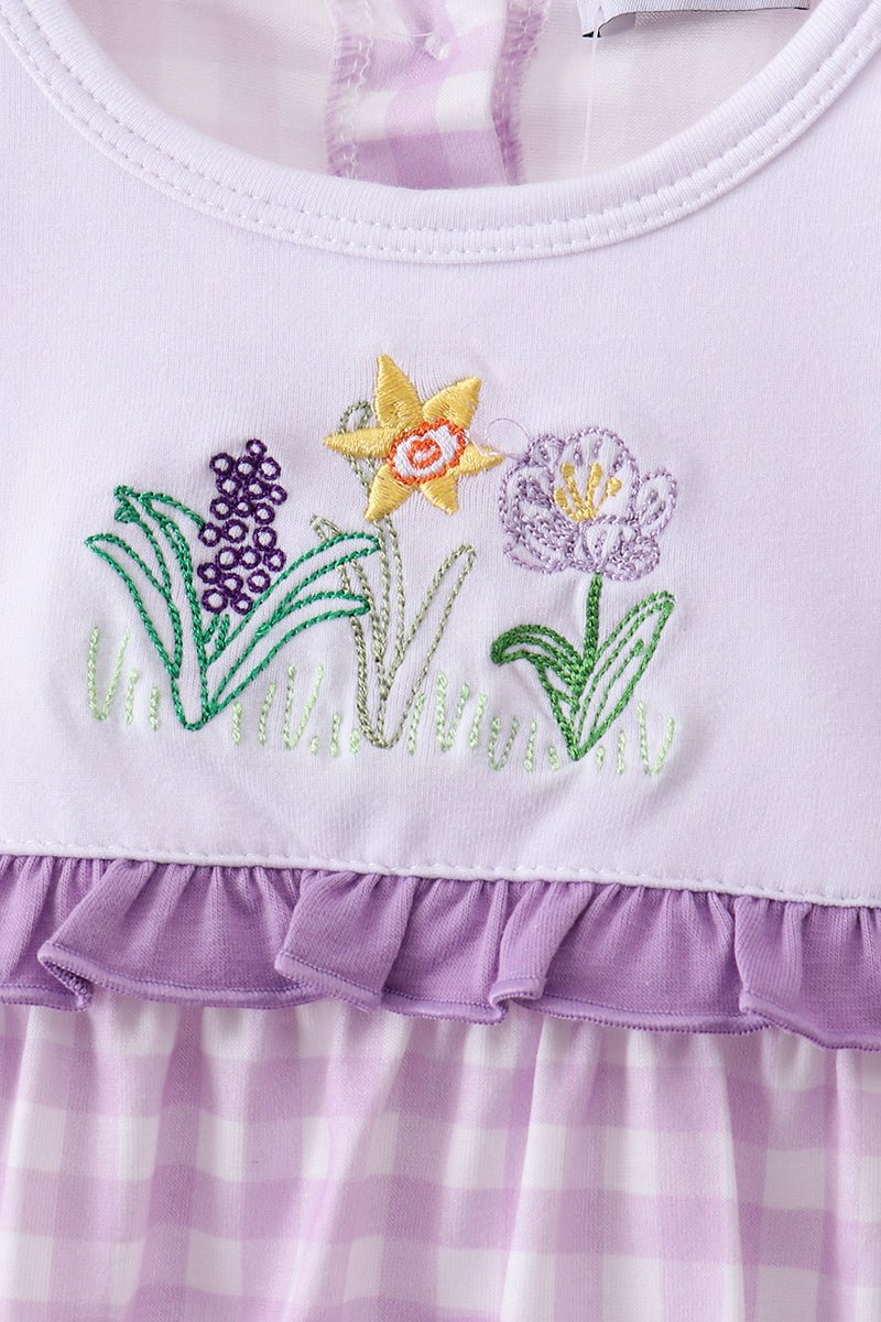 Purple floral embroidery gingham ruffle bubble - Abbies Place
