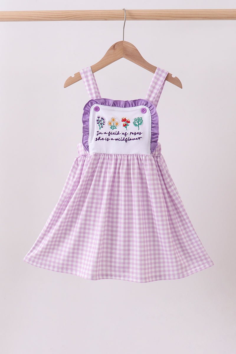 Purple floral embroidery gingham ruffle dress - Abbies Place