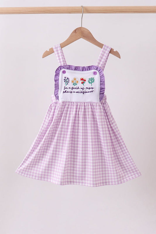 Purple floral embroidery gingham ruffle dress - Abbies Place