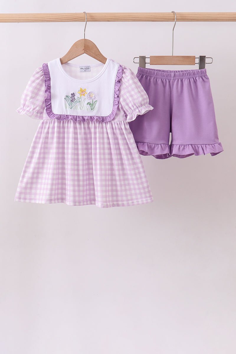 Purple floral embroidery gingham ruffle shorts set - Abbies Place