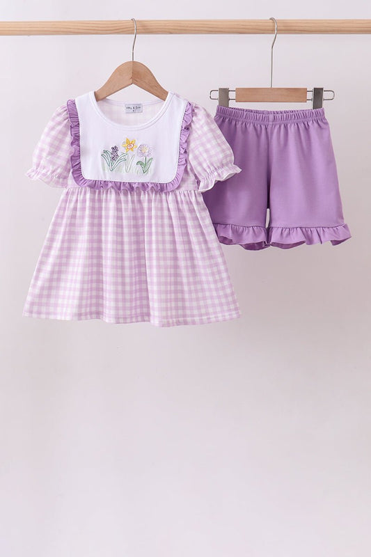 Purple floral embroidery gingham ruffle shorts set - Abbies Place