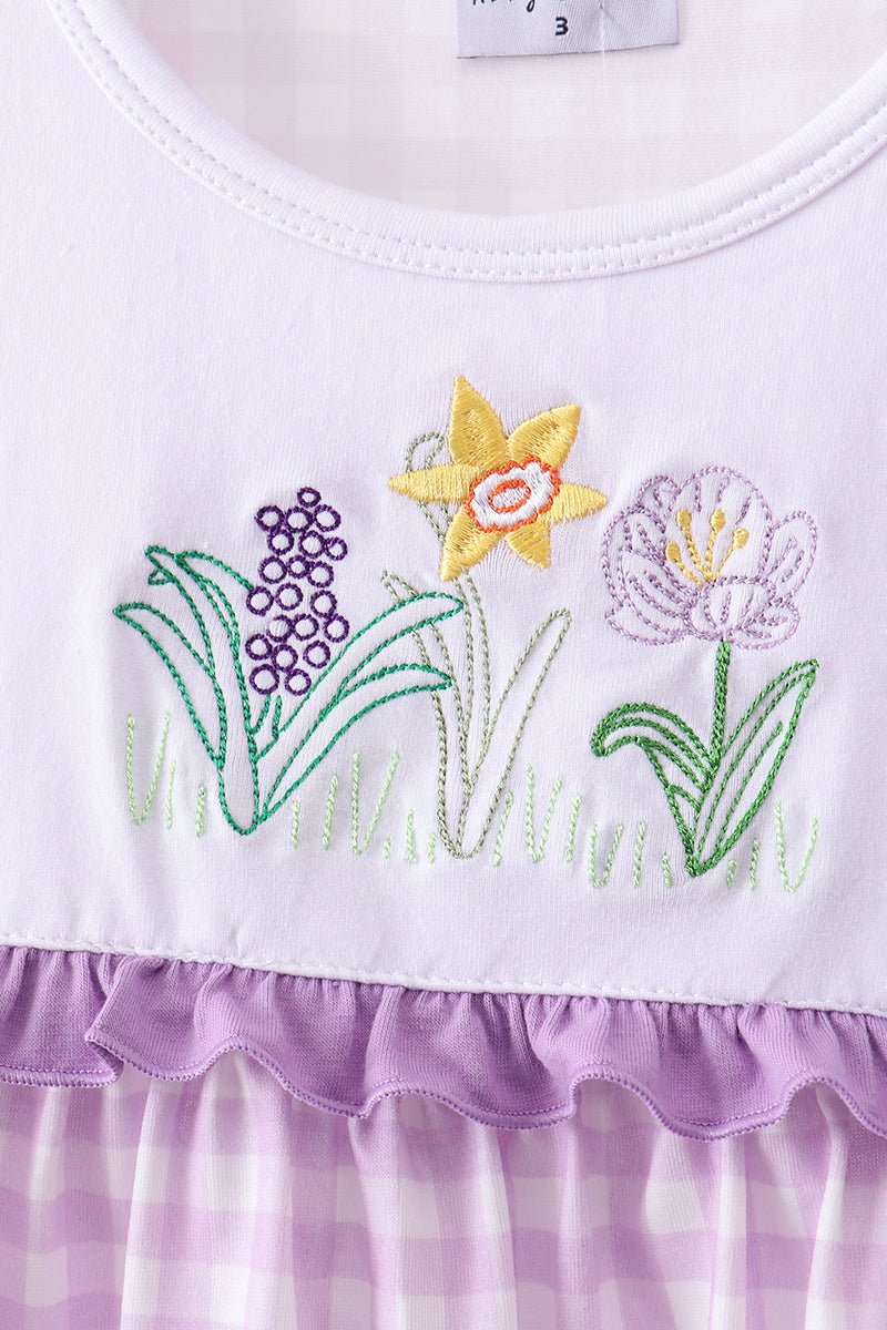 Purple floral embroidery gingham ruffle shorts set - Abbies Place