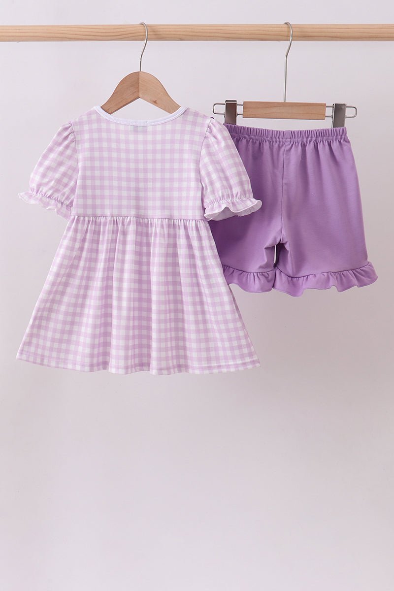 Purple floral embroidery gingham ruffle shorts set - Abbies Place