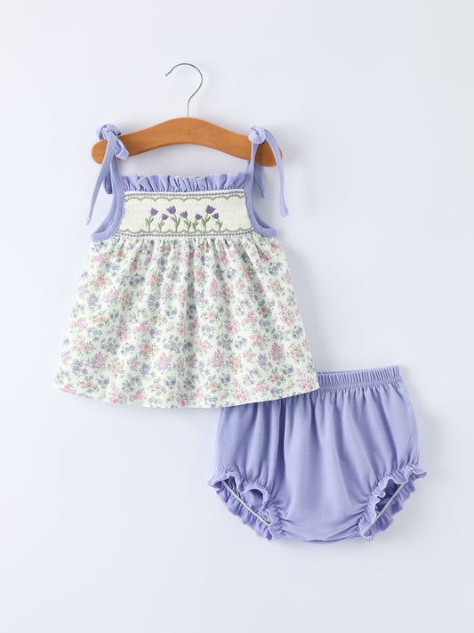 Purple Floral Smocked Embroidery Baby Girls Bloomers Set - Abbies Place