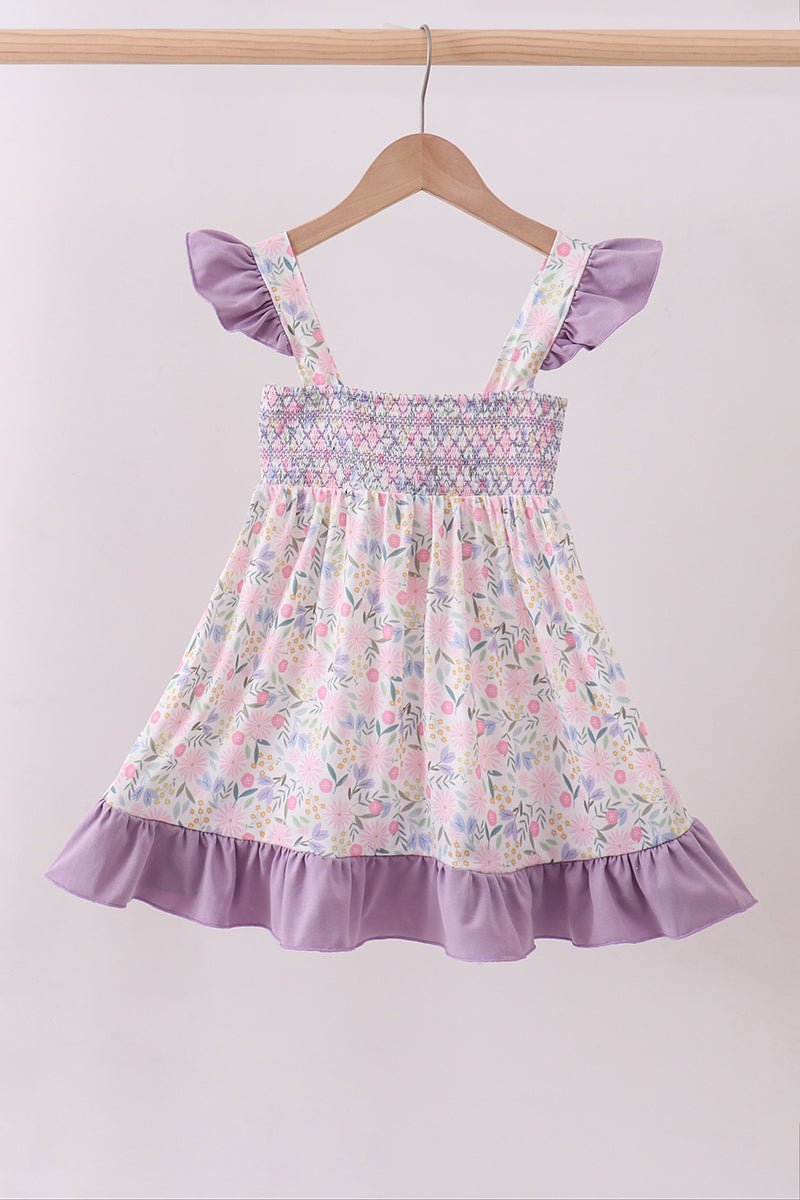 Purple floral smocked ruffle dress - Abbies Place