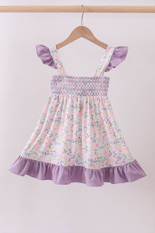 Purple floral smocked ruffle dress - Abbies Place
