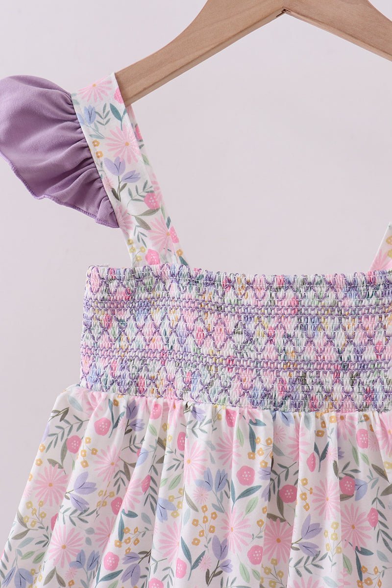 Purple floral smocked ruffle dress - Abbies Place