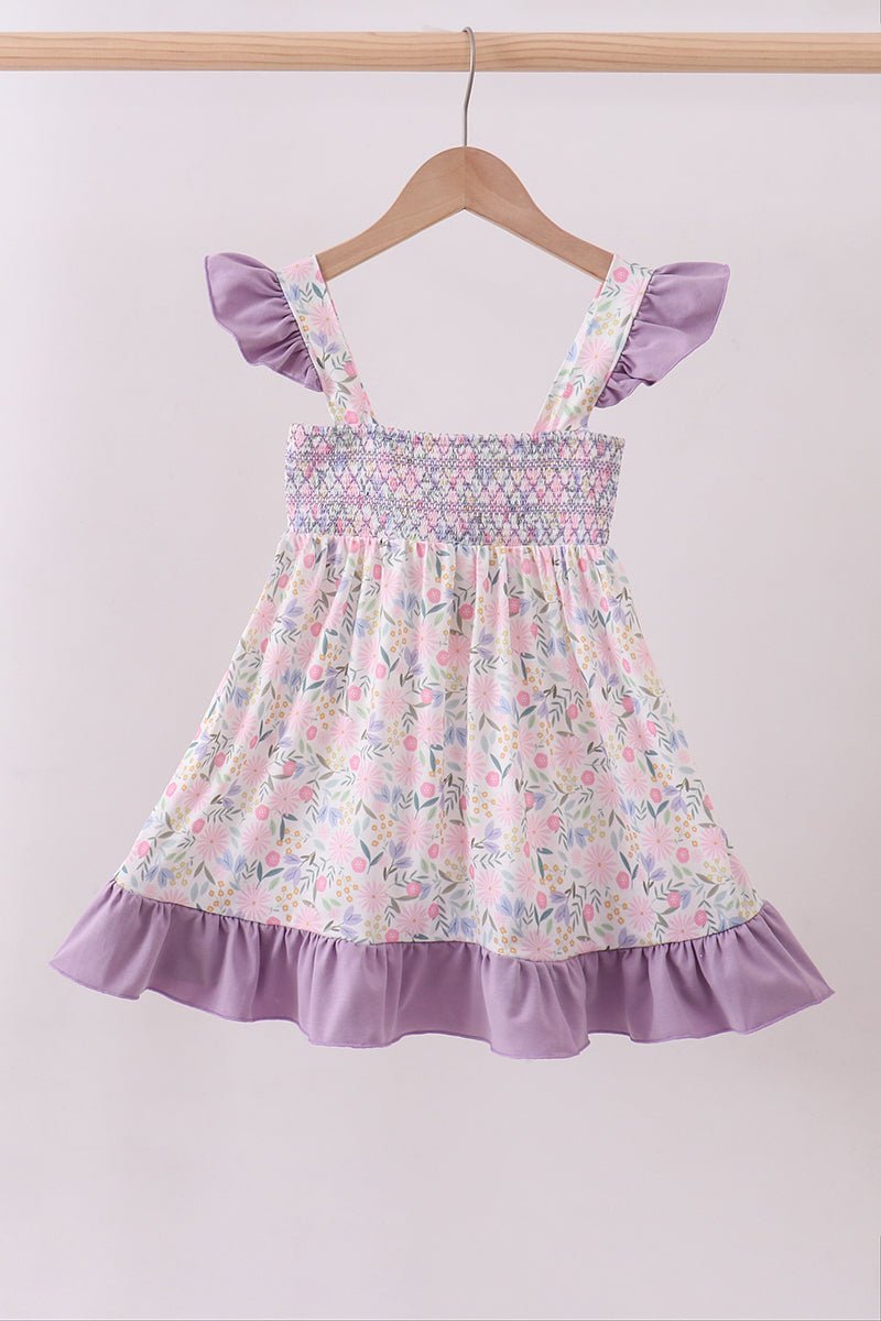 Purple floral smocked ruffle dress - Abbies Place