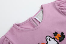 Load image into Gallery viewer, Purple Halloween Ruffle Top and Gray Skort Set
