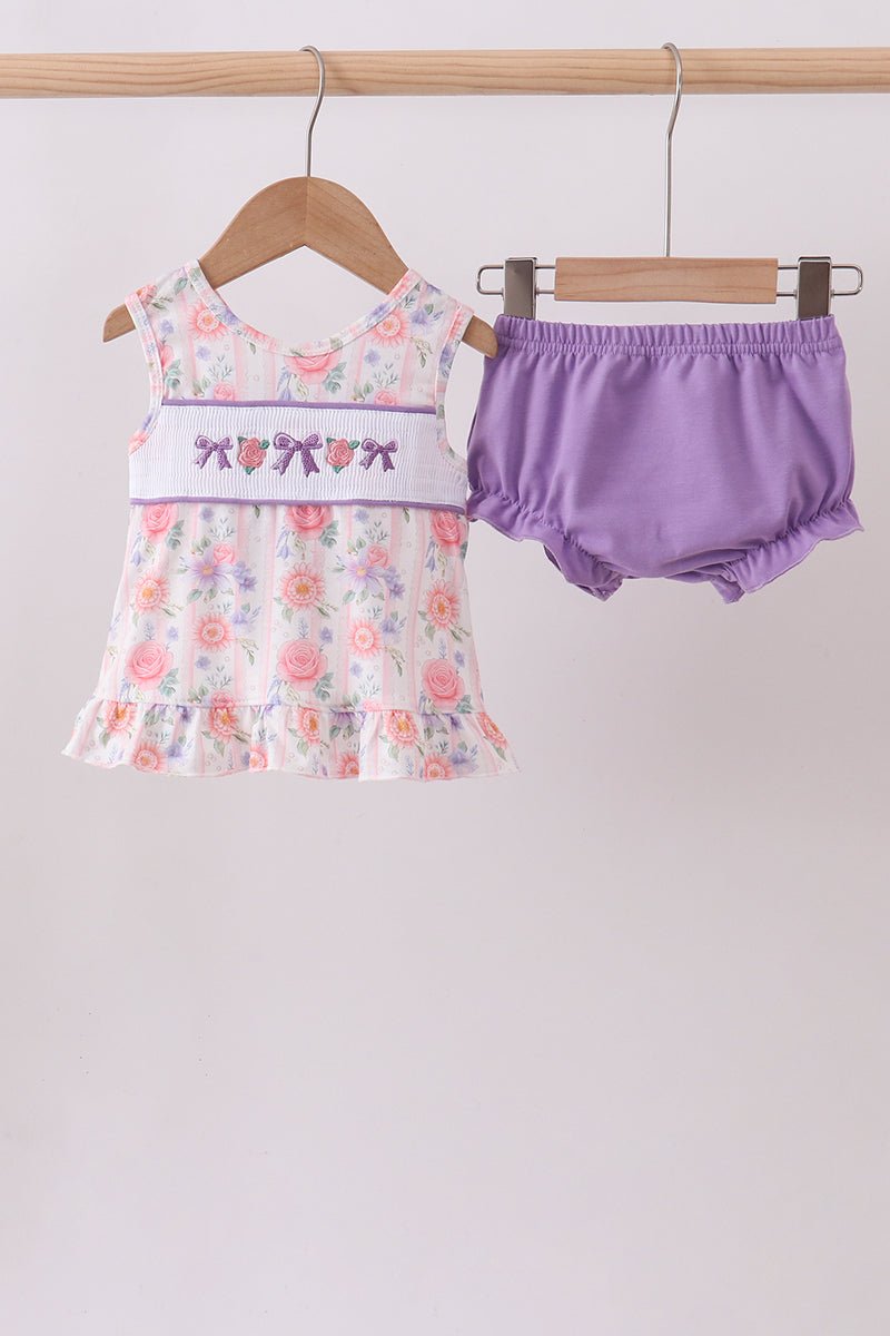 Purple rose bow smocked ruffle bloomer set - Abbies Place