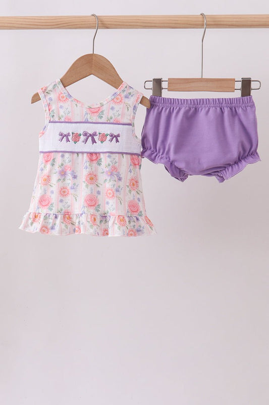 Purple rose bow smocked ruffle bloomer set - Abbies Place