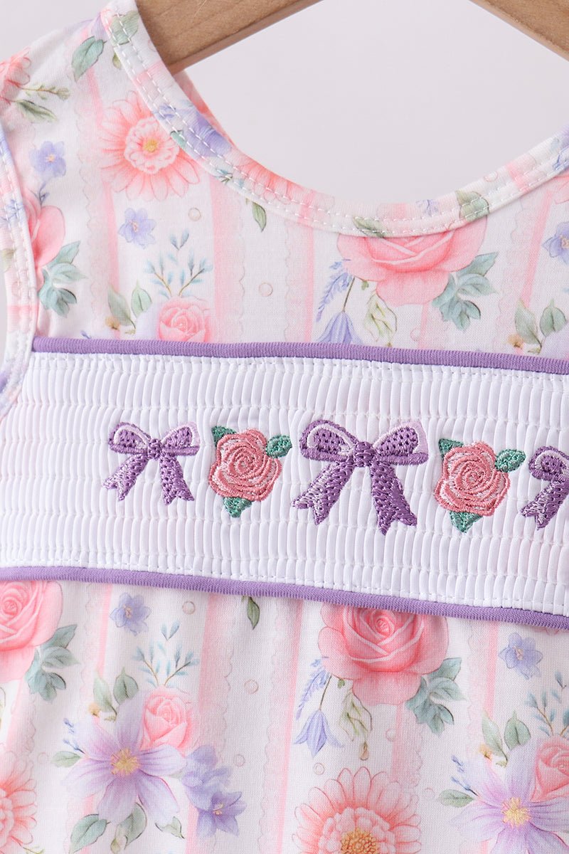 Purple rose bow smocked ruffle bloomer set - Abbies Place