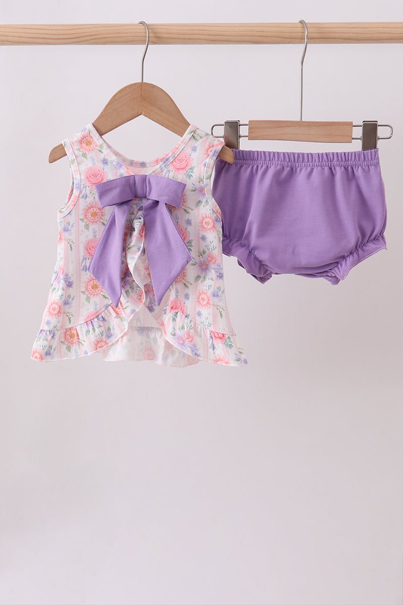 Purple rose bow smocked ruffle bloomer set - Abbies Place