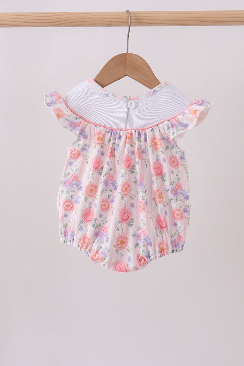 Purple rose bow smocked ruffle bubble - Abbies Place