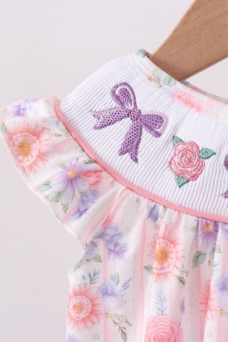 Purple rose bow smocked ruffle bubble - Abbies Place