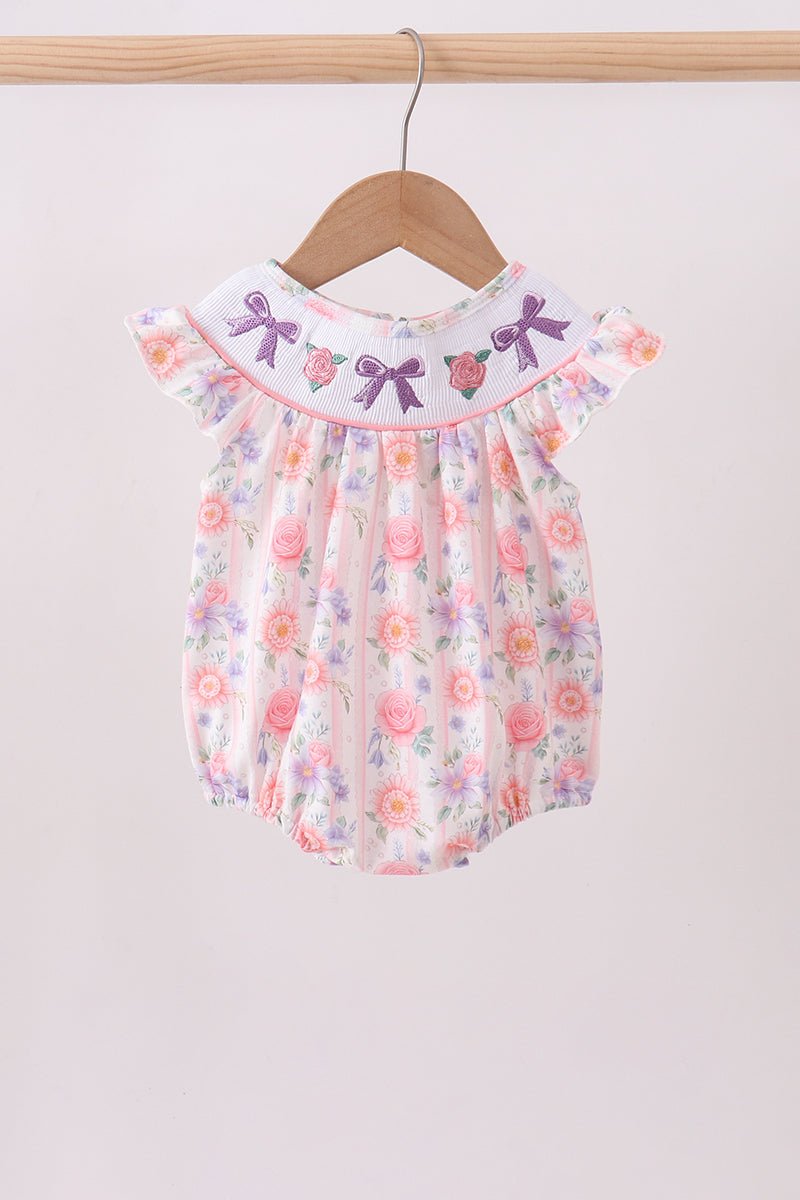 Purple rose bow smocked ruffle bubble - Abbies Place