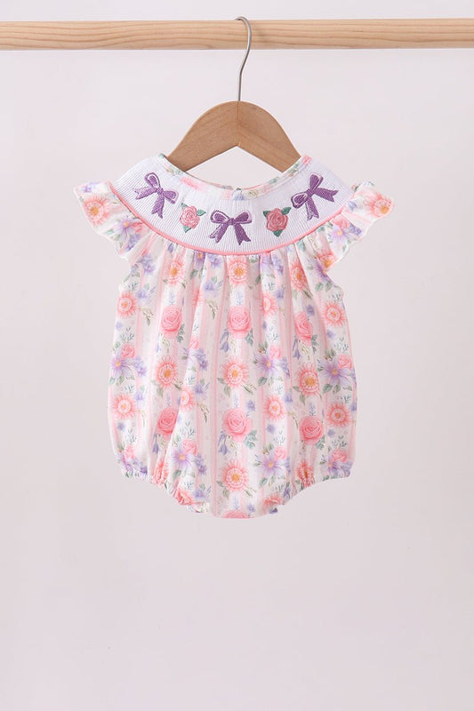 Purple rose bow smocked ruffle bubble - Abbies Place