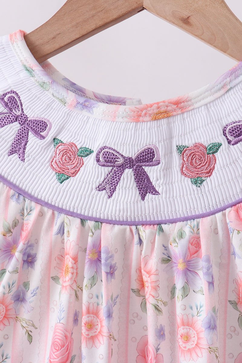 Purple rose bow smocked ruffle dress - Abbies Place