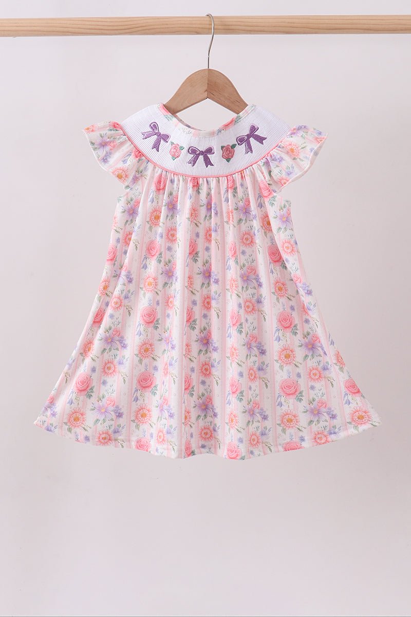 Purple rose bow smocked ruffle dress - Abbies Place