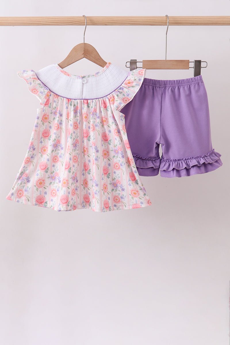 Purple rose bow smocked ruffle shorts set - Abbies Place