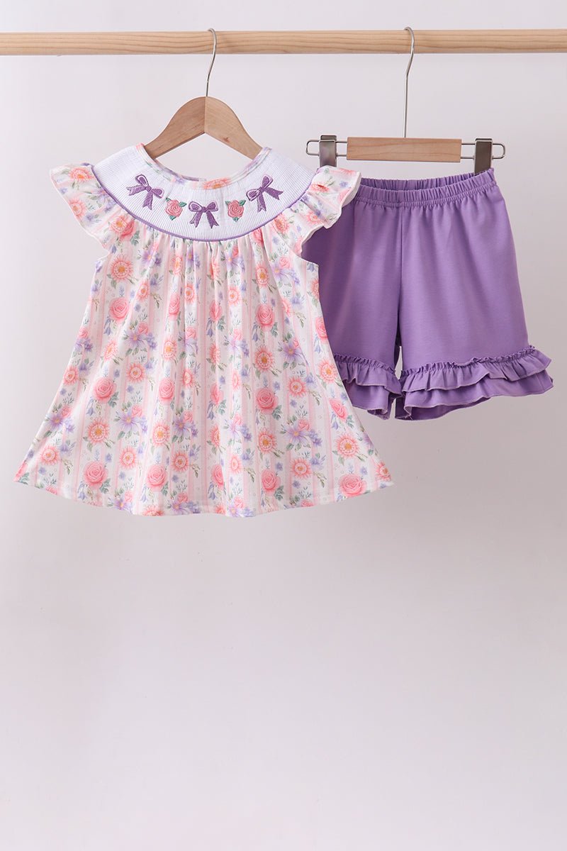 Purple rose bow smocked ruffle shorts set - Abbies Place