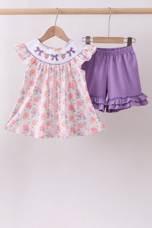 Purple rose bow smocked ruffle shorts set - Abbies Place