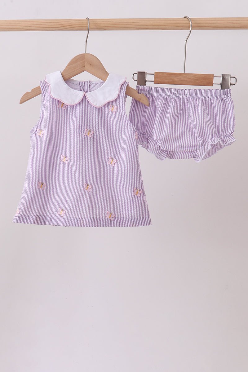 Purple seersucker butterfly embroidery bloomer set - Abbies Place