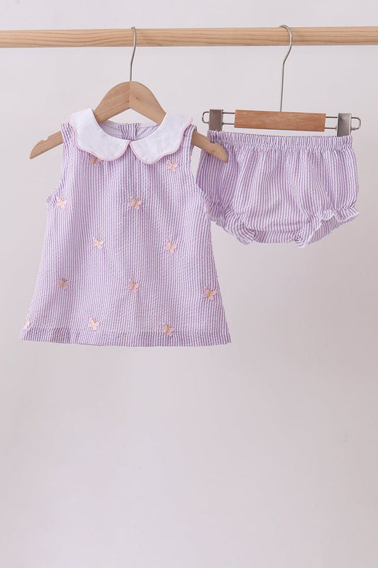 Purple seersucker butterfly embroidery bloomer set - Abbies Place