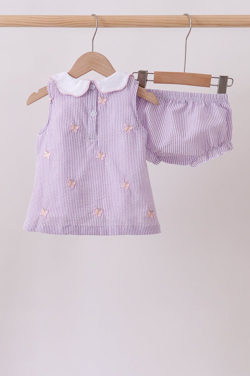 Purple seersucker butterfly embroidery bloomer set - Abbies Place