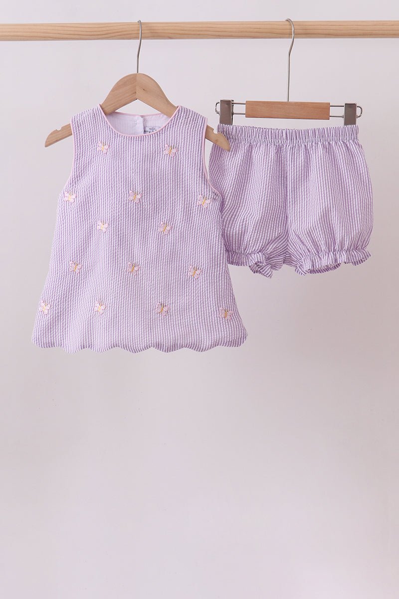 Purple seersucker butterfly embroidery shorts set - Abbies Place