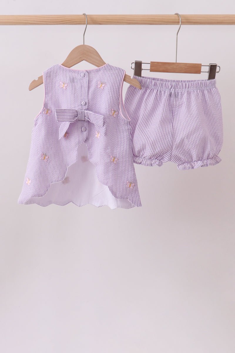Purple seersucker butterfly embroidery shorts set - Abbies Place