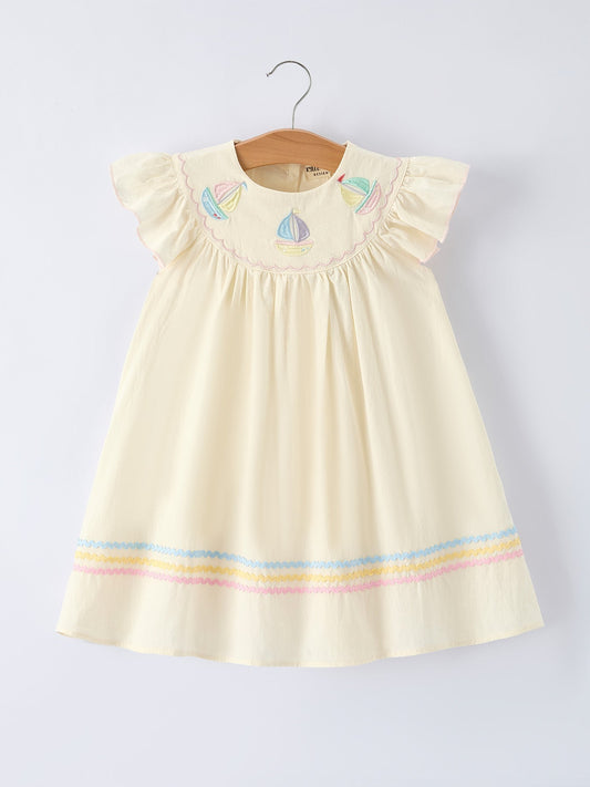 Rainbow Sailboat Embroidered Girls Dress - Abbies Place