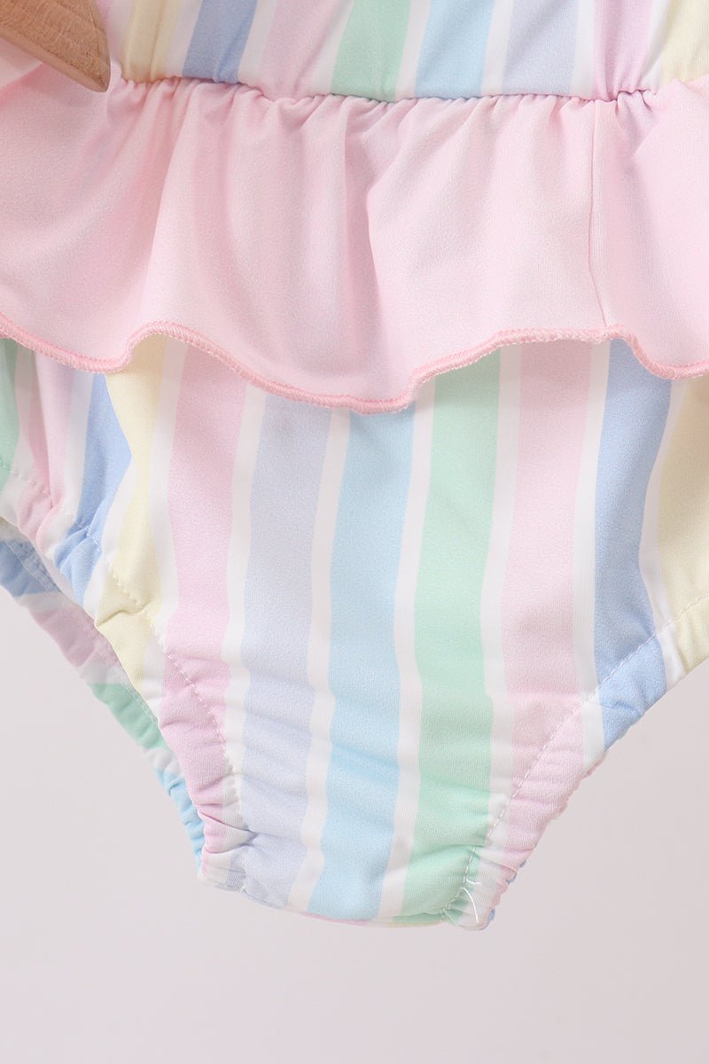 Rainbow stripe butterfly smocked ruffle 2pc swimsuit - Abbies Place