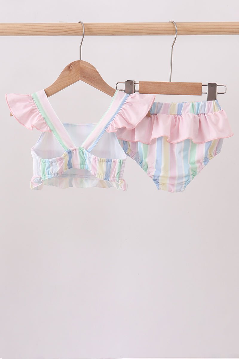 Rainbow stripe butterfly smocked ruffle 2pc swimsuit - Abbies Place