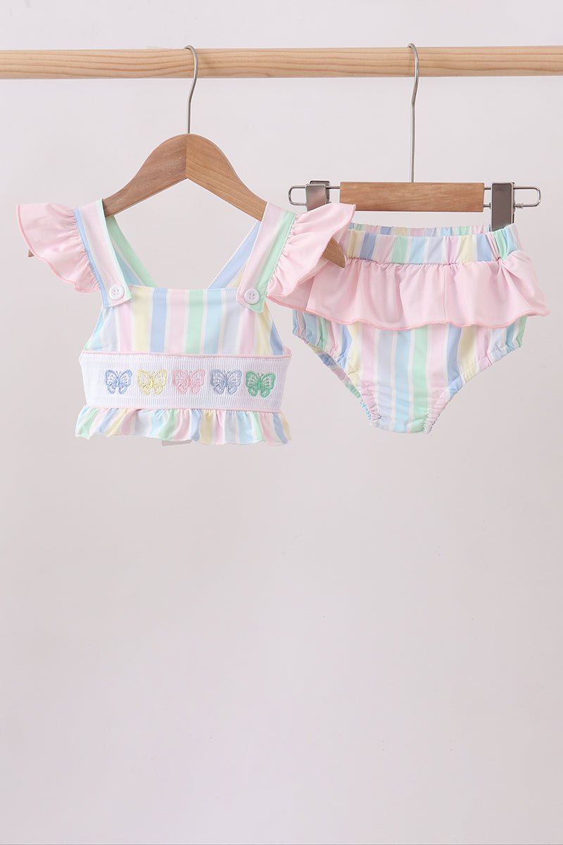 Rainbow stripe butterfly smocked ruffle 2pc swimsuit - Abbies Place