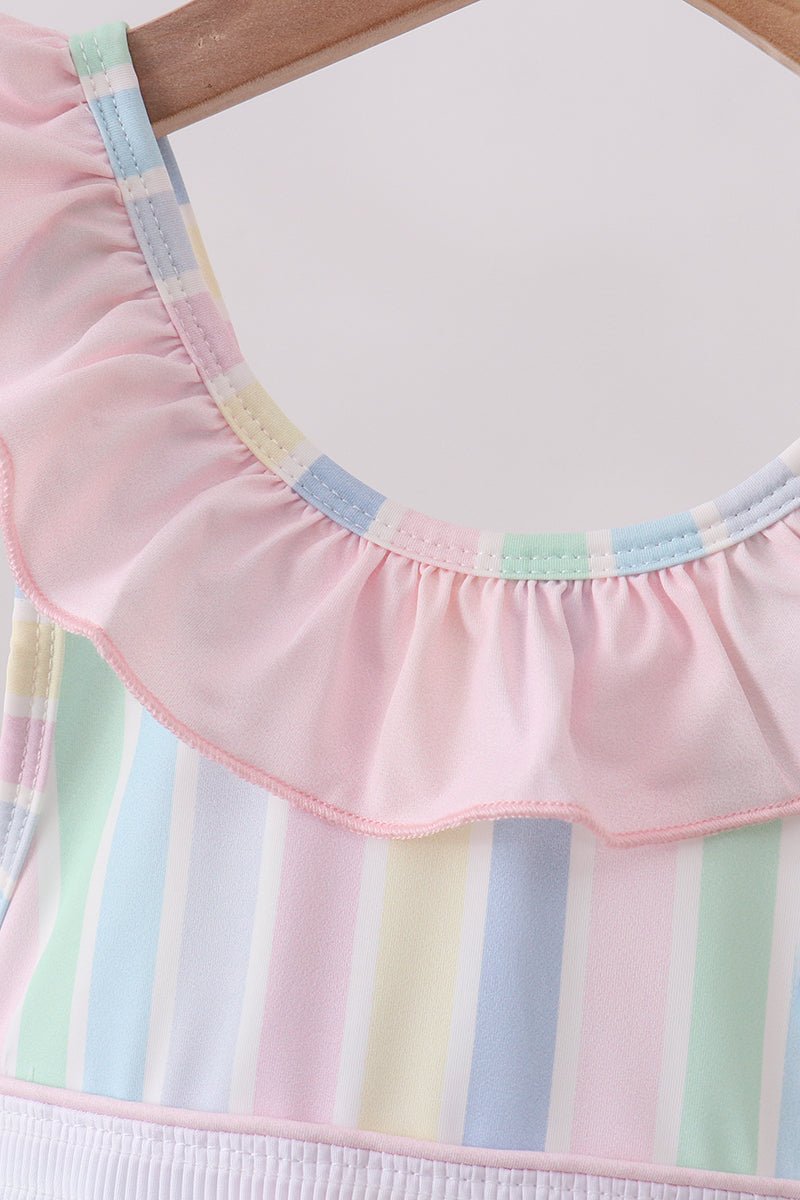 Rainbow stripe butterfly smocked ruffle one-piece swimsuit - Abbies Place