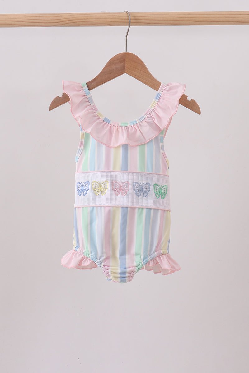 Rainbow stripe butterfly smocked ruffle one-piece swimsuit - Abbies Place