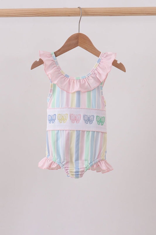 Rainbow stripe butterfly smocked ruffle one-piece swimsuit - Abbies Place
