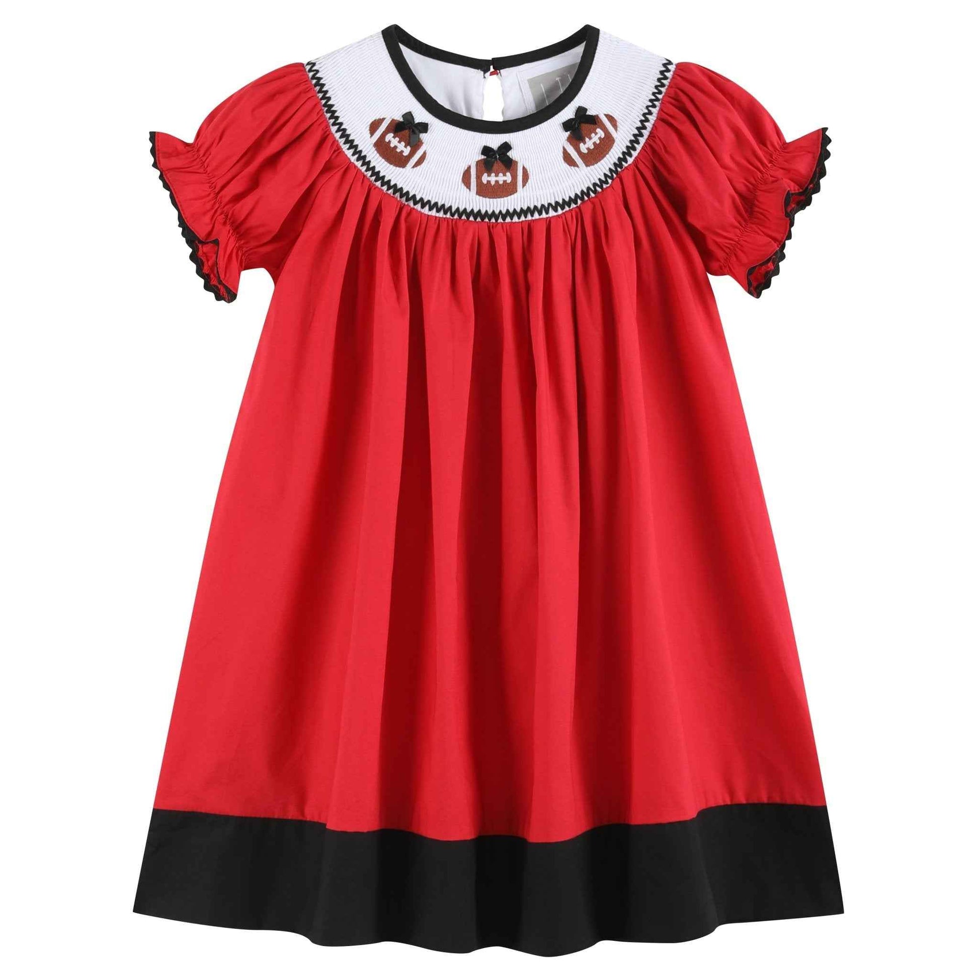 Red and Black Football Smocked Bishop Dress - Abbies Place