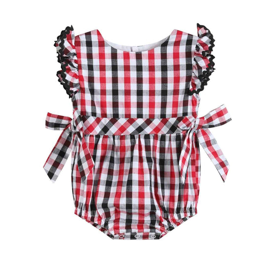 Red and Black Gingham Ruffle Bow Romper - Abbies Place