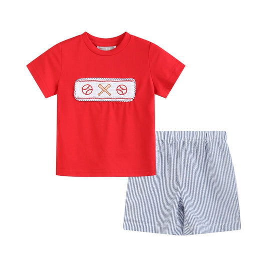 Red and Blue Baseball Smocked Shirt and Shorts Set - Abbies Place