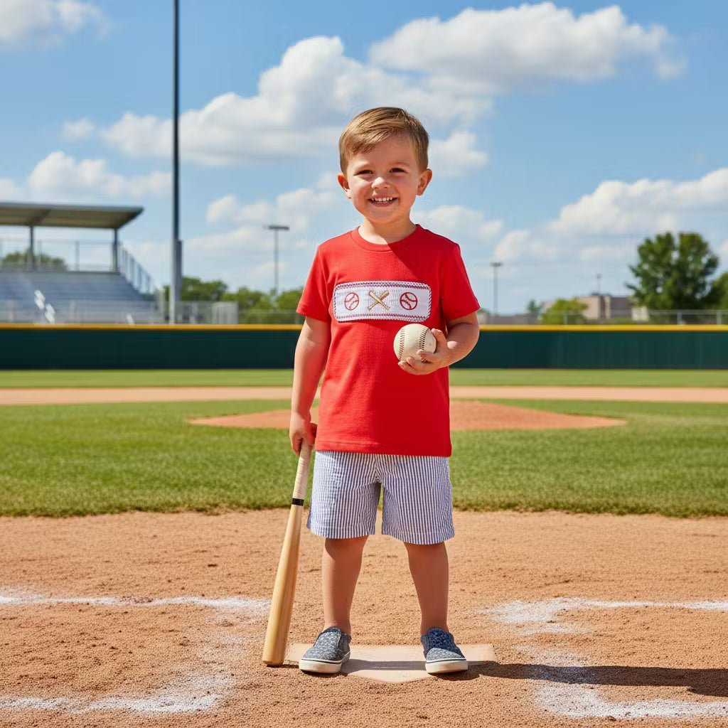 Red and Blue Baseball Smocked Shirt and Shorts Set - Abbies Place