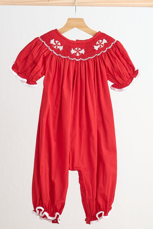 Red candy hand smocked girl romper - Abbies Place