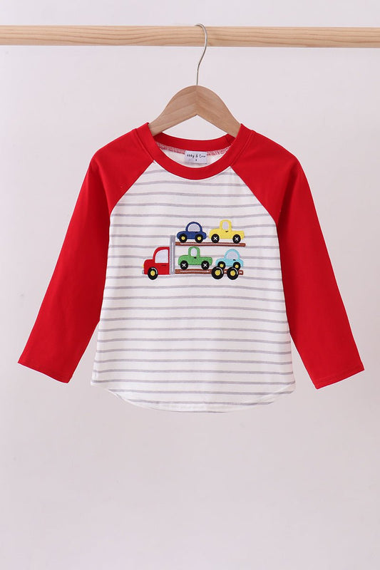 Red car embroidery stripe top - Abbies Place