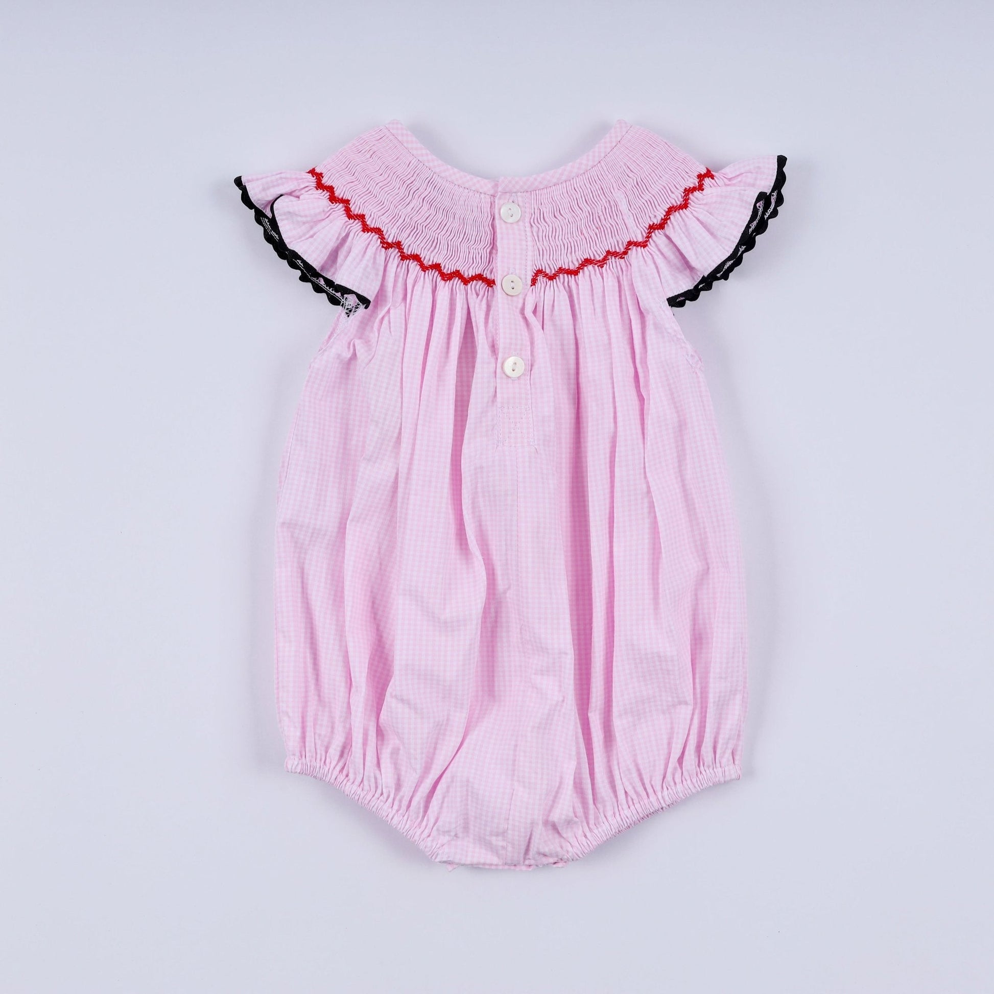 Red character hand smocked plaid ruffle bubble - Abbies Place