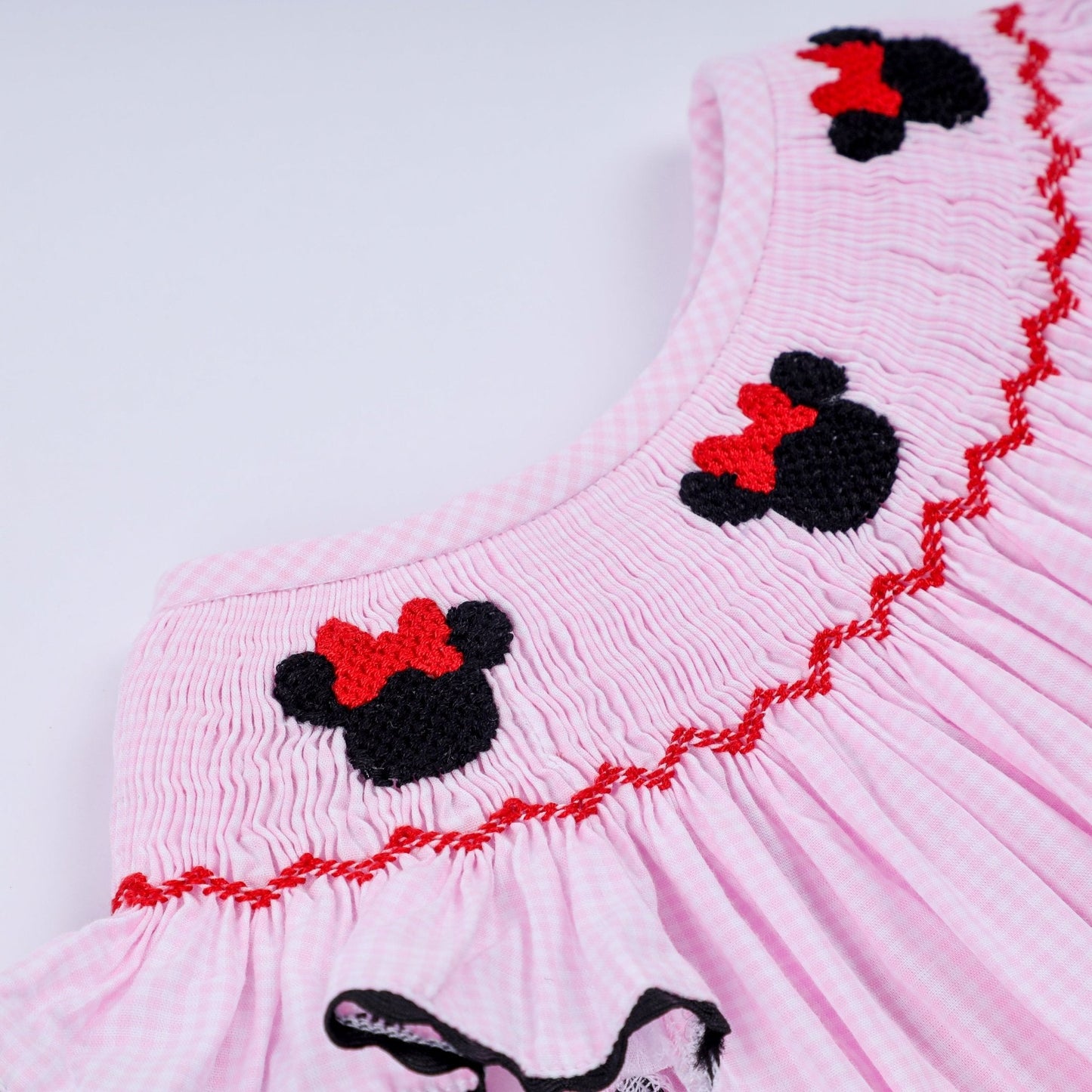 Red character hand smocked plaid ruffle bubble - Abbies Place