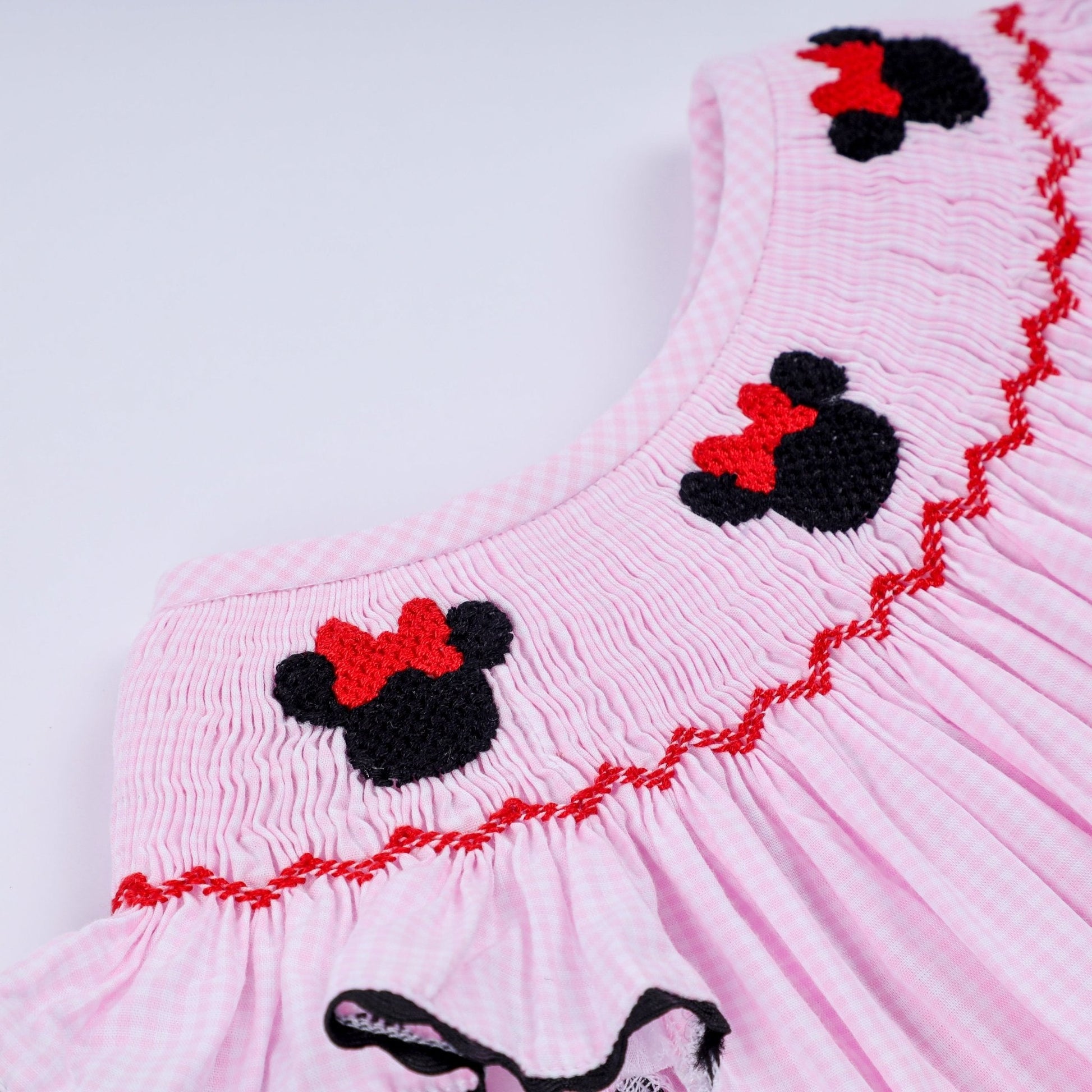 Red character hand smocked plaid ruffle bubble - Abbies Place