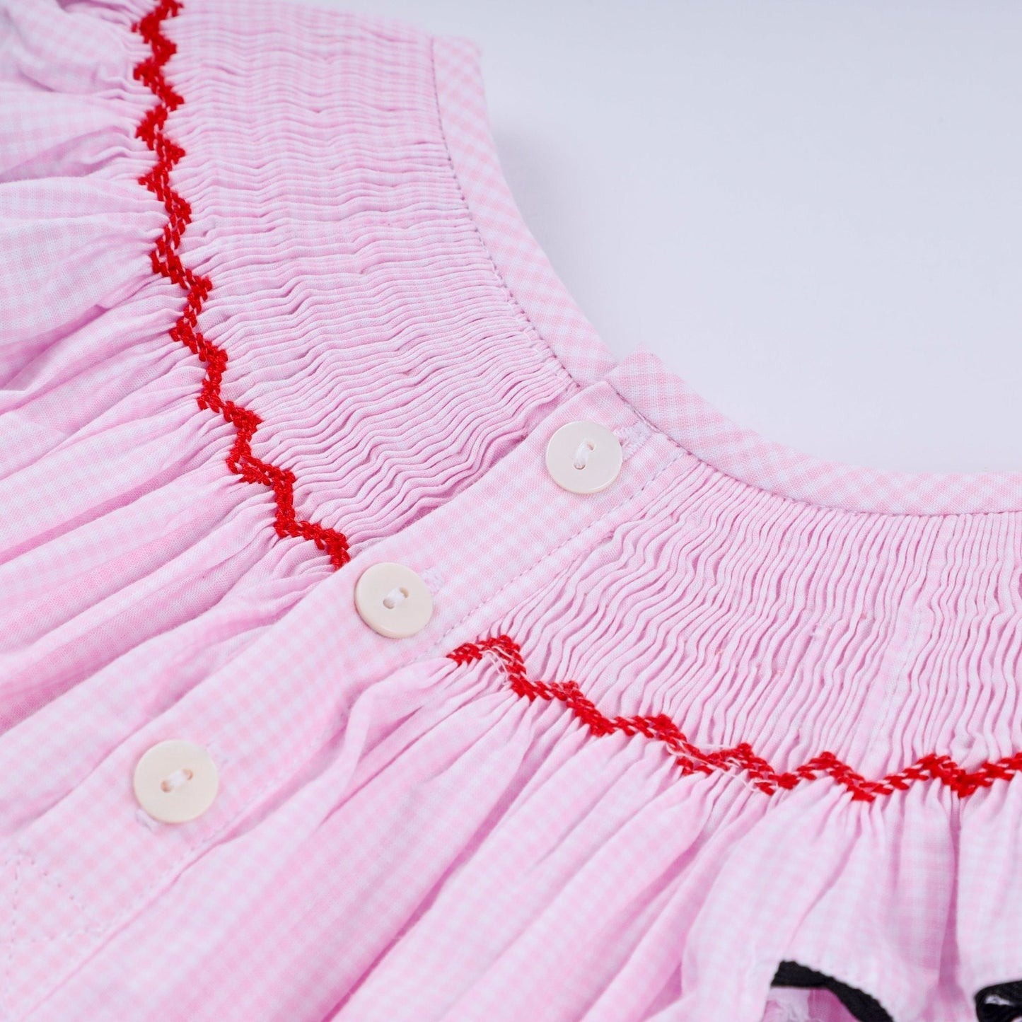 Red character hand smocked plaid ruffle bubble - Abbies Place